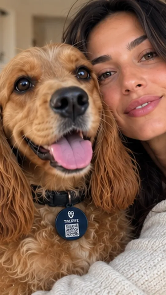 A young woman hugs her cocker spaniel, TRUFFE tag on the collar