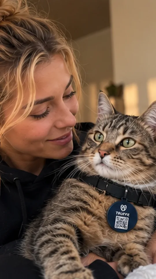 A woman and her tabby cat, TRUFFE tag on the collar