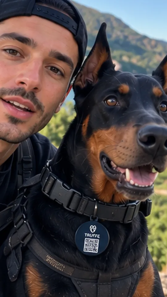 A man hiking with his Doberman, TRUFFE tag on the collar