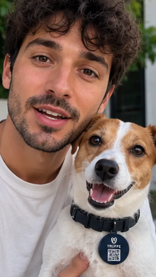 A man and his Jack Russell, TRUFFE tag on the collar