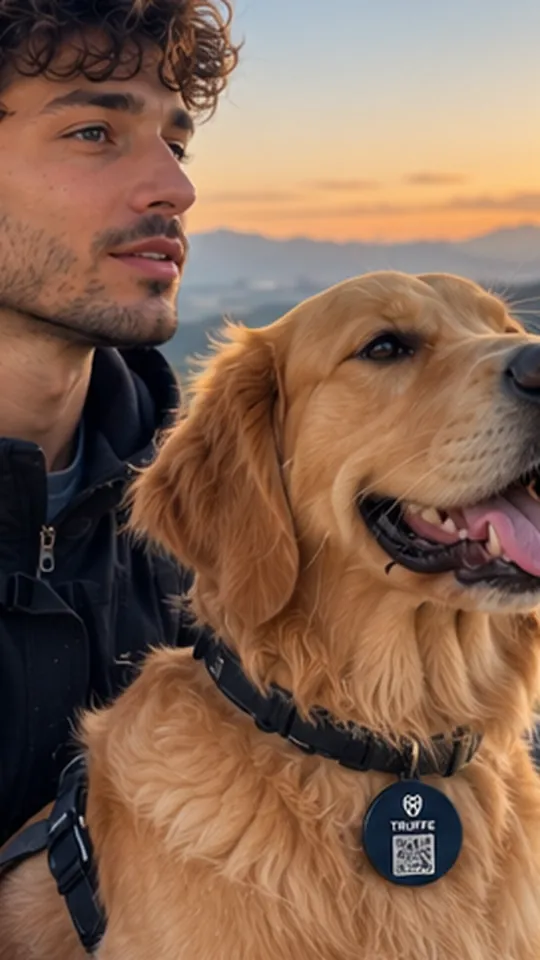 A man and his golden retriever at sunset, TRUFFE tag on the collar