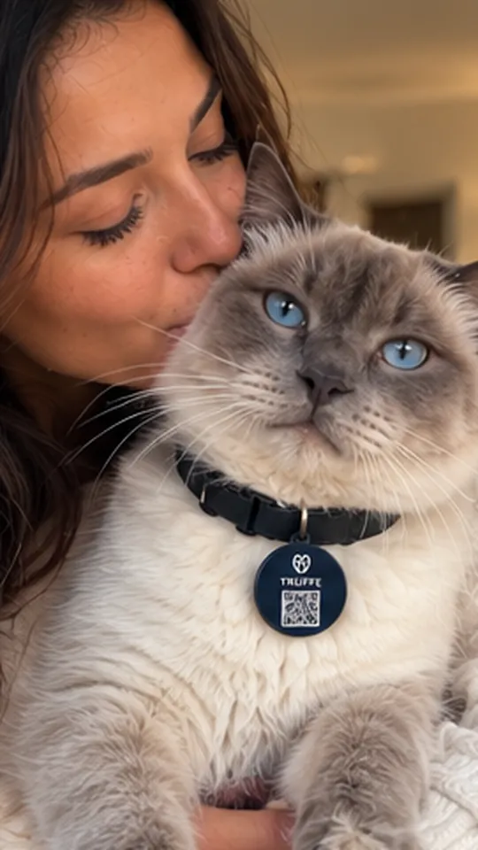 A woman kisses her blue-eyed cat, TRUFFE tag on the collar
