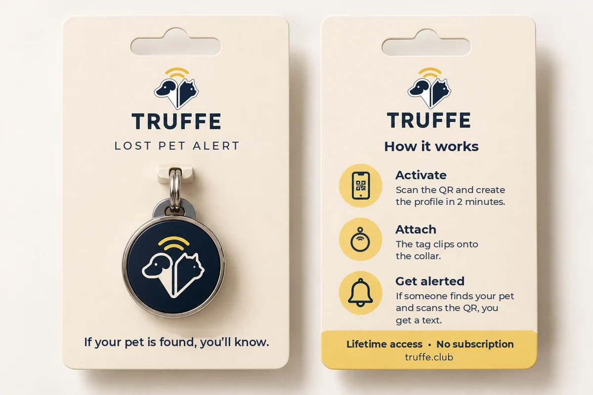 The TRUFFE card: the tag on its card, with “How it works” on the back (Activate, Attach, Get alerted)