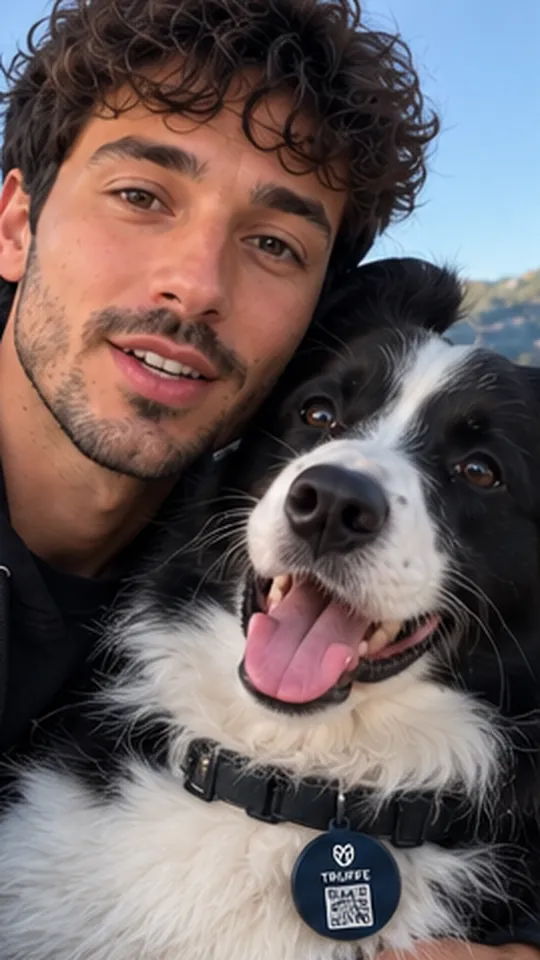 A man and his border collie, TRUFFE tag on the collar