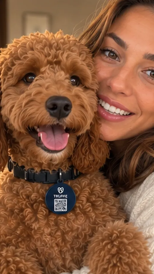 A woman and her red poodle, TRUFFE tag on the collar